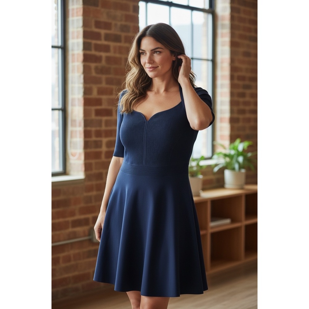 Ted Baker London Navy Blue Ribbed Knit Sweetheart Fit and Flare Dress Size 6